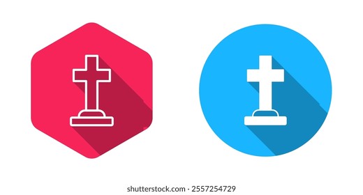 Filled and outline Tombstone with cross icon isolated with long shadow background. Grave icon. Happy Halloween party.  Vector