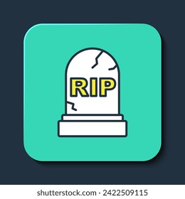 Filled outline Tombstone with RIP written on it icon isolated on blue background. Grave icon. Happy Halloween party. Turquoise square button. Vector