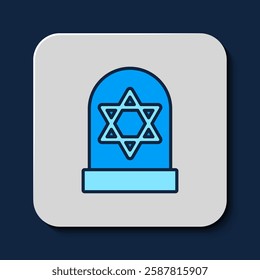 Filled outline Tombstone with star of david icon isolated on blue background. Jewish grave stone. Gravestone icon.  Vector