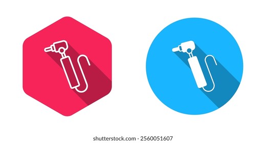 Filled and outline Tooth drill icon isolated with long shadow background. Dental handpiece for drilling and grinding tools.  Vector