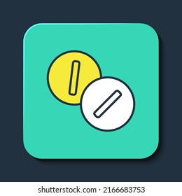 Filled outline Toothache painkiller tablet icon isolated on blue background. Tooth care medicine. Capsule pill and drug. Pharmacy design. Turquoise square button. Vector