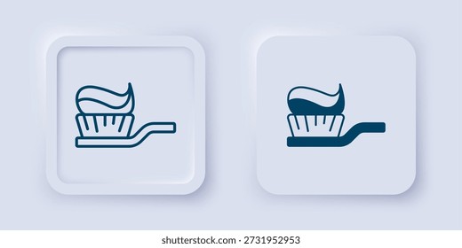 Escova de dentes cheia e contorno com ícone de pasta de dente isolado no fundo cinza. Botão quadrado. Vetor