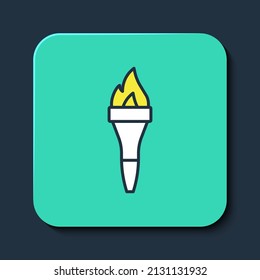 Filled outline Torch flame icon isolated on blue background. Symbol fire hot, flame power, flaming and heat. Turquoise square button. Vector