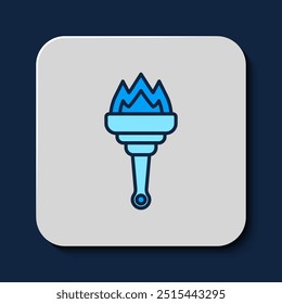 Filled outline Torch flame icon isolated on blue background. Symbol fire hot, flame power, flaming and heat.  Vector