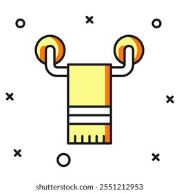 Filled outline Towel on hanger icon isolated on white background. Bathroom towel icon. Flat filled outline style with shadow. Vector