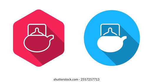 Filled and outline Traditional tea ceremony icon isolated with long shadow background. Teapot with cup.  Vector