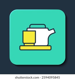 Filled outline Traditional tea ceremony icon isolated on blue background. Teapot with cup. Turquoise square button. Vector