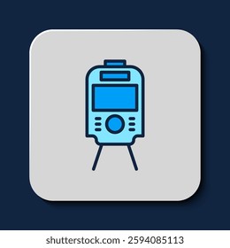 Filled outline Tram and railway icon isolated on blue background. Public transportation symbol.  Vector