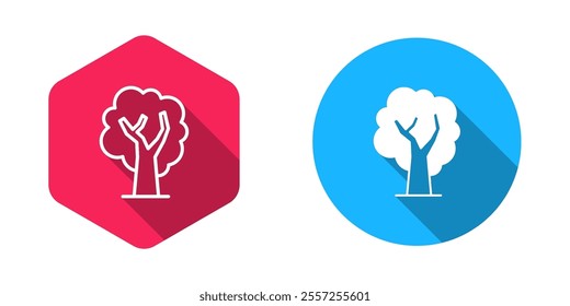 Filled and outline Tree icon isolated with long shadow background. Forest symbol.  Vector