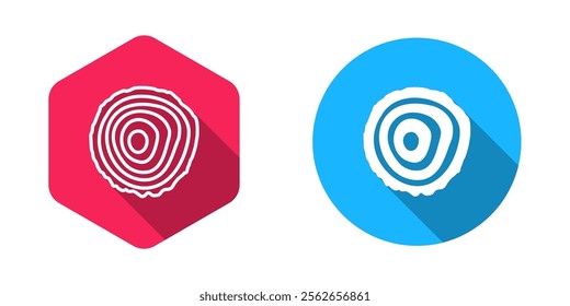 Filled and outline Tree rings icon isolated with long shadow background. Wooden cross section.  Vector