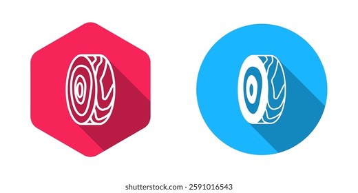Filled and outline Tree rings icon isolated with long shadow background. Wooden cross section.  Vector