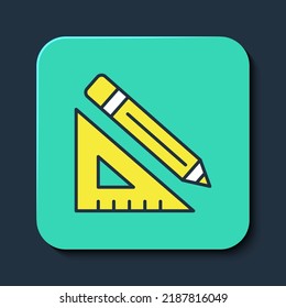 Filled outline Triangular ruler and pencil icon isolated on blue background. Straightedge symbol. Drawing and educational tools. Turquoise square button. Vector