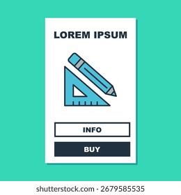 Filled outline Triangular ruler and pencil icon isolated on turquoise background. Straightedge symbol. Drawing and educational tools.  Vector