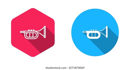 Filled and outline Trumpet icon isolated with long shadow background. Musical instrument.  Vector