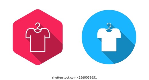 Filled and outline T-shirt on hanger icon isolated with long shadow background.  Vector