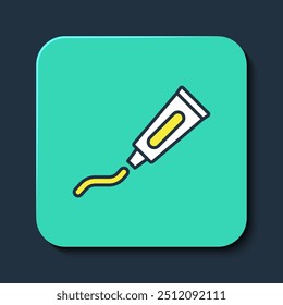 Filled outline Tube of toothpaste icon isolated on blue background. Turquoise square button. Vector