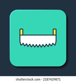 Filled outline Two-handed saw icon isolated on blue background. Turquoise square button. Vector