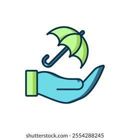 Filled outline Umbrella in hand icon isolated on white background. Insurance concept. Waterproof icon. Protection, safety, security concept. Flat filled outline style with shadow. Vector