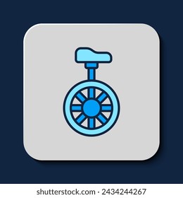 Filled outline Unicycle or one wheel bicycle icon isolated on blue background. Monowheel bicycle.  Vector