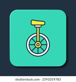 Filled outline Unicycle or one wheel bicycle icon isolated on blue background. Monowheel bicycle. Turquoise square button. Vector