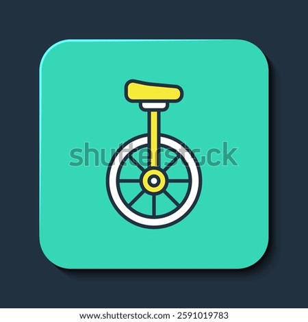 Filled outline Unicycle or one wheel bicycle icon isolated on blue background. Monowheel bicycle. Turquoise square button. Vector