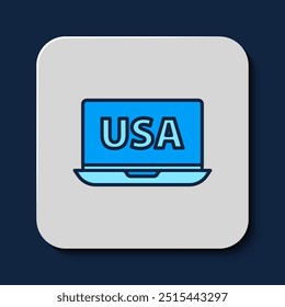 Filled outline USA United states of america on laptop icon isolated on blue background.  Vector