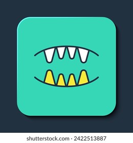 Símbolo relleno Icono de dientes de vampiro aislados en fondo azul. Feliz fiesta de Halloween. Botón cuadrado turquesa. Vector