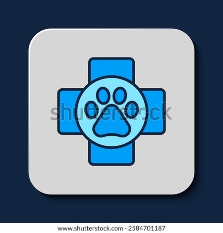 Filled outline Veterinary clinic symbol icon isolated on blue background. Cross hospital sign. A stylized paw print dog or cat. Pet First Aid sign.  Vector