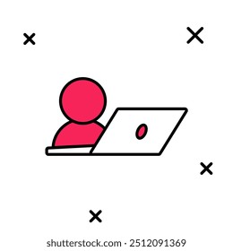 Filled outline Video chat conference icon isolated on white background. Online meeting work form home. Remote project management.  Vector