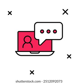 Filled outline Video chat conference icon isolated on white background. Online meeting work form home. Remote project management.  Vector