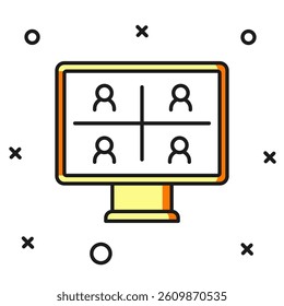 Filled outline Video chat conference icon isolated on white background. Online meeting work form home. Remote project management. Flat filled outline style with shadow. Vector