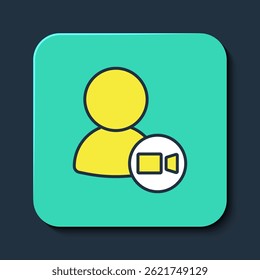 Filled outline Video chat conference icon isolated on blue background. Online meeting work form home. Remote project management. Turquoise square button. Vector