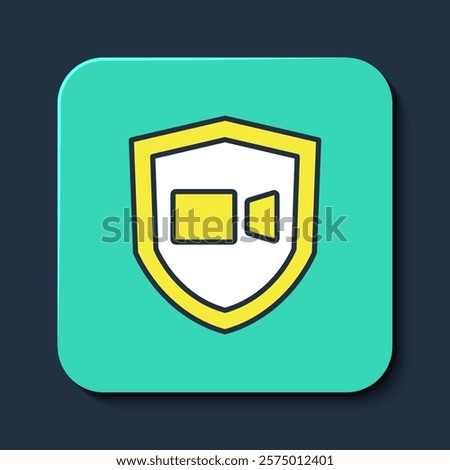 Filled outline Video chat conference icon isolated on blue background. Online meeting work form home. Remote project management. Turquoise square button. Vector