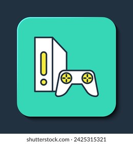 Filled outline Video game console with joystick icon isolated on blue background. Turquoise square button. Vector