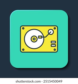 Filled outline Vinyl player with a vinyl disk icon isolated on blue background. Turquoise square button. Vector