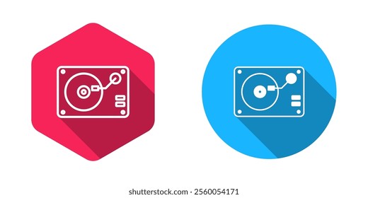 Filled and outline Vinyl player with a vinyl disk icon isolated with long shadow background.  Vector