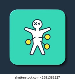 Filled outline Voodoo doll icon isolated on blue background. Happy Halloween party. Turquoise square button. Vector