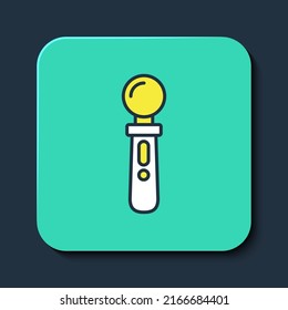 Filled outline VR controller game icon isolated on blue background. Virtual reality experience, sensation of presence, position-tracking technology device. Turquoise square button. Vector