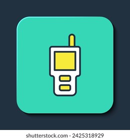 Filled outline Walkie talkie icon isolated on blue background. Portable radio transmitter icon. Radio transceiver sign. Turquoise square button. Vector