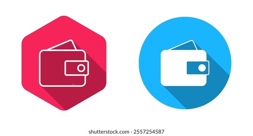 Filled and outline Wallet icon isolated with long shadow background. Purse icon. Cash savings symbol.  Vector