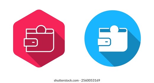 Filled and outline Wallet icon isolated with long shadow background. Purse icon. Cash savings symbol.  Vector