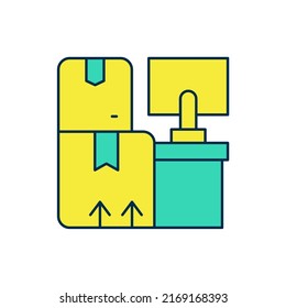 Esquema relleno Interior de almacén con cajas en el icono de racks aislado en el fondo blanco. Logística, carga, servicio postal de almacenamiento de paquetes.  Vector