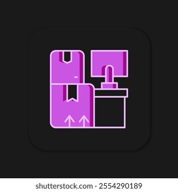 Filled outline Warehouse interior with boxes on racks icon isolated on black background. Logistics, cargo, parcel storage postal service. Flat filled outline style with shadow. Vector