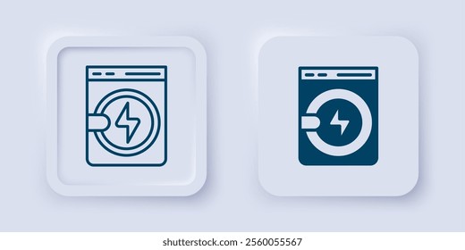 Filled and outline Washer icon isolated on grey background. Washing machine icon. Clothes washer - laundry machine. Home appliance symbol. Square button. Vector