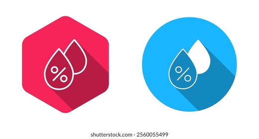 Filled and outline Water drop percentage icon isolated with long shadow background. Humidity analysis.  Vector