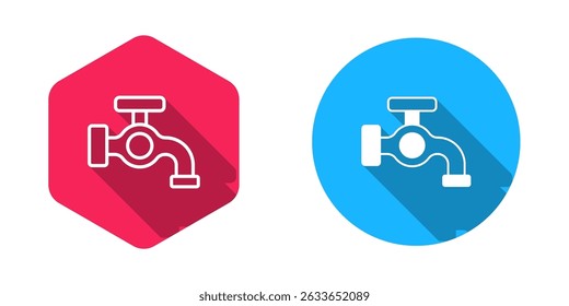 Filled and outline Water tap icon isolated with long shadow background.  Vector