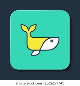 Filled outline Whale icon isolated on blue background. Turquoise square button. Vector