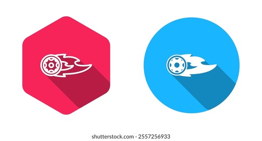 Filled and outline Wheel in fire flame icon isolated with long shadow background. Burning wheel.  Vector