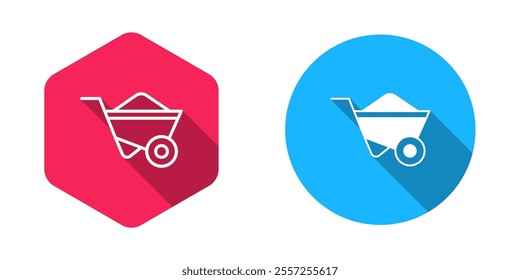Filled and outline Wheelbarrow icon isolated with long shadow background. Tool equipment. Agriculture cart wheel farm.  Vector