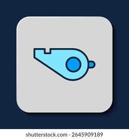 Filled outline Whistle icon isolated on blue background. Referee symbol. Fitness and sport sign.  Vector